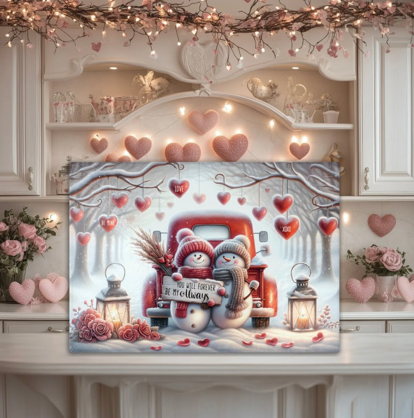 Valentine’s Day Snowman Glass Cutting Board - Durable Kitchen Decor & Charcuterie Tray