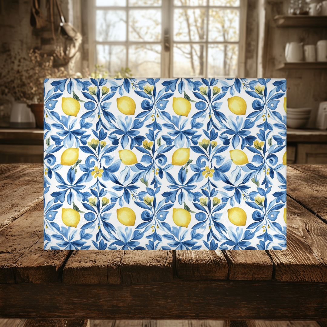 Lemon Blue Floral Tempered Glass Cutting Board 15 x 11 in