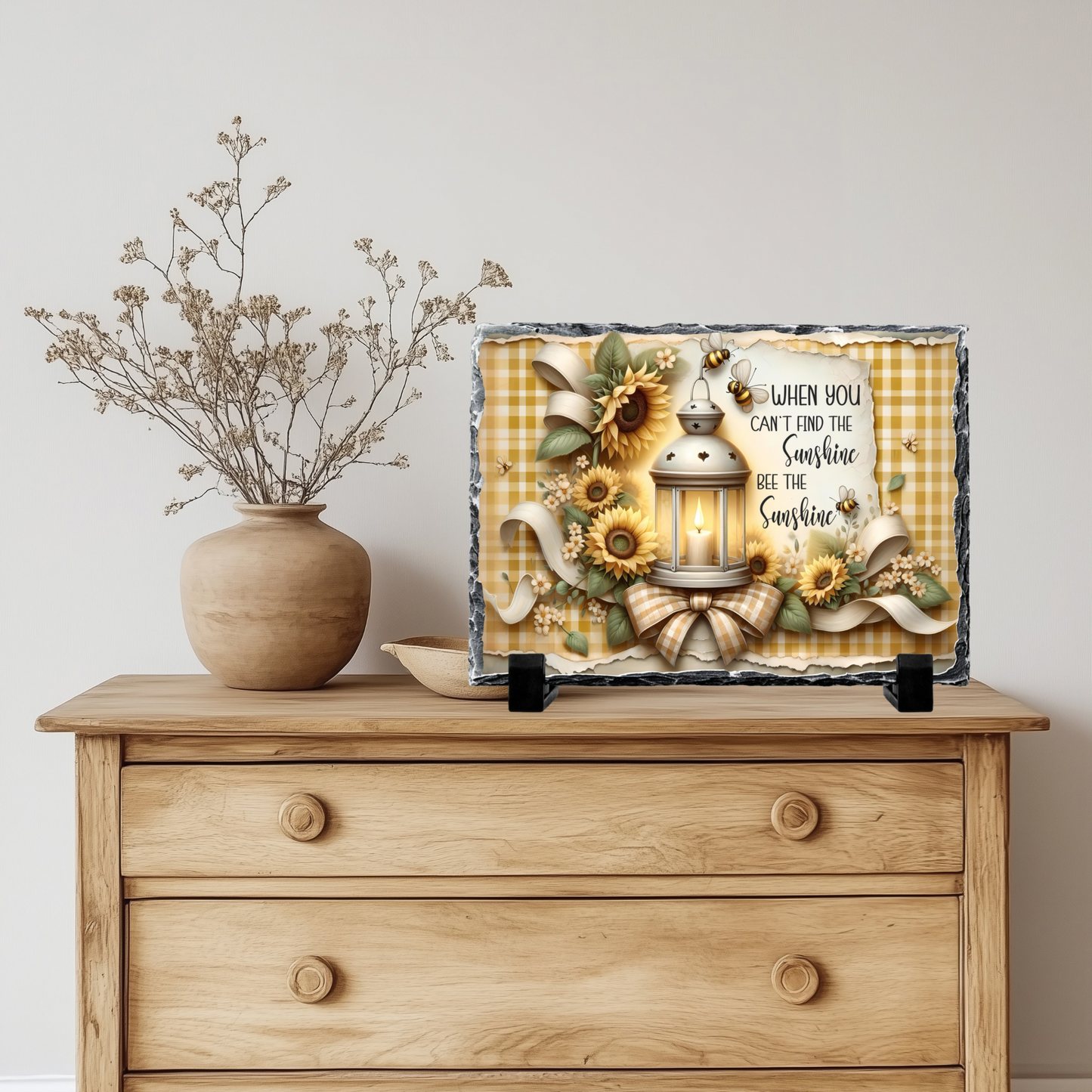 Decorative Slate Rock Sign with Sunflower and Bee Theme, When You Can't Find the Sunshine Bee the Sunshine Quote, 5.5" x 7.5", Natural Slate with Display Stands