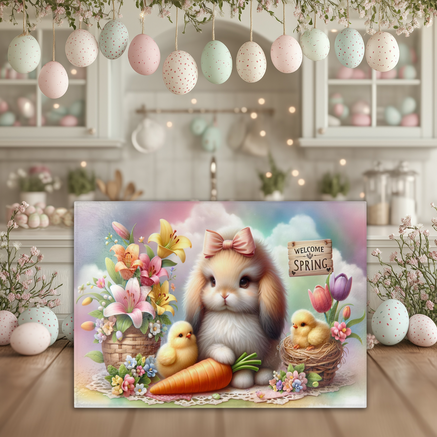 Spring Bunny Glass Cutting Board - 2 Sizes, Kitchen Decor Gift Idea