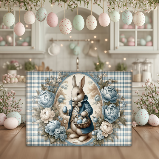Vintage Blue Plaid Bunny Tempered Glass Cutting Board, Floral Easter Decor, Serving Tray, Gift Idea, 2 Sizes
