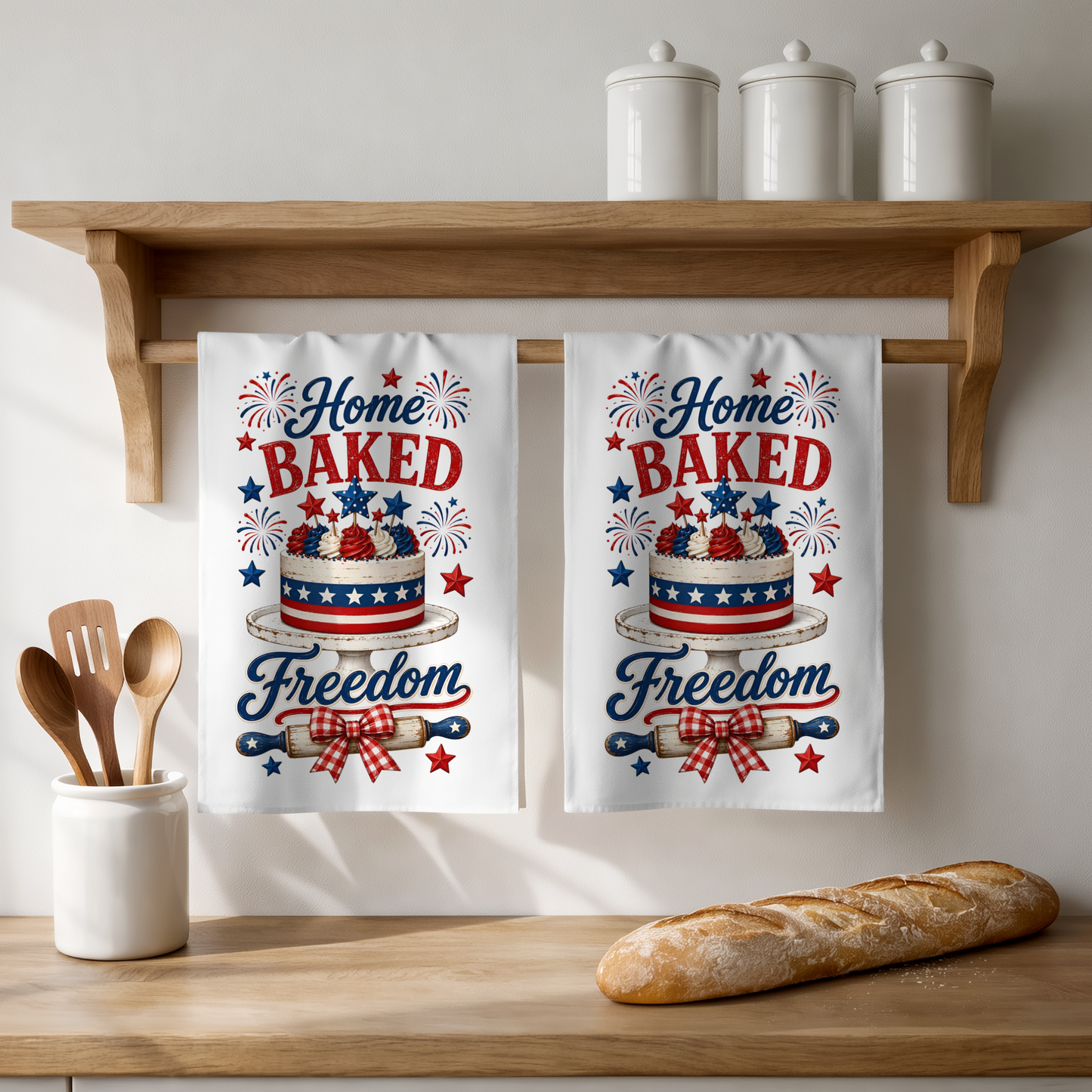 Home Baked Freedom Patriotic Kitchen Dish Towel, White, 100% Polyester, 18x28 Inch, 4th of July Theme