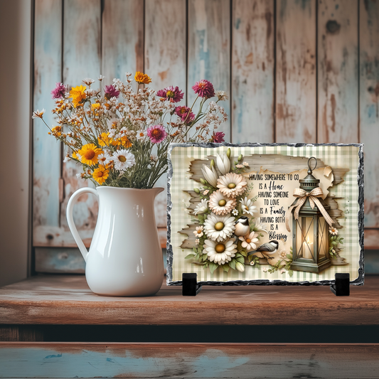 Decorative Slate Rock Sign with Display Stands, Home Blessing Quote with Lantern and Flowers Design, 5.5" x 7.5", Natural Slate