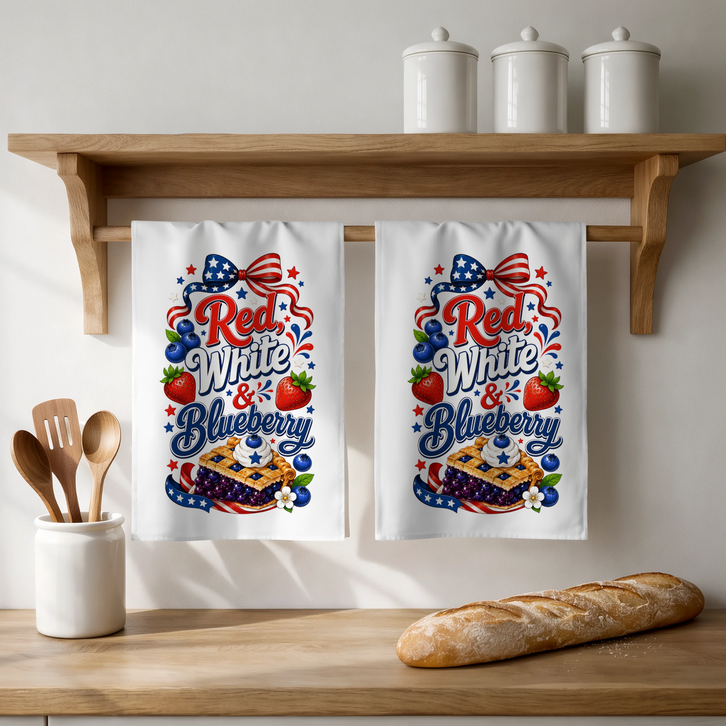 Red, White & Blueberry Patriotic Kitchen Tea Towel, 100% Polyester, 18x28 Inch, Dish Towel