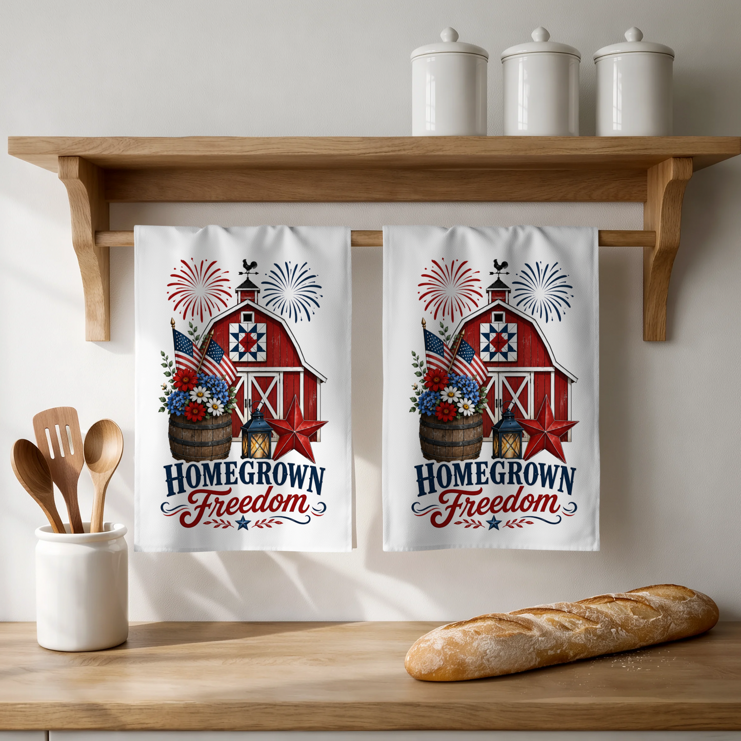 Homegrown Freedom Patriotic Kitchen Tea Towel, White, 100% Polyester, 18x28 Inch, Farmhouse 4th of July Dish Towel