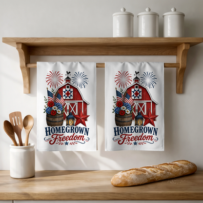 Homegrown Freedom Patriotic Kitchen Tea Towel, White, 100% Polyester, 18x28 Inch, Farmhouse 4th of July Dish Towel