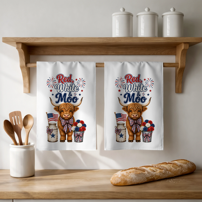 Red, White & Moo Highland Cow Patriotic Kitchen Dish Towel, 4th of July Theme, 18x28 Inch, 100% Polyester
