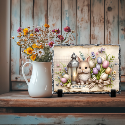 Spring Blessings Bunny with Tulips and Lantern Decorative Slate Rock Sign, 5.5" x 7.5", Natural Slate with Display Stands, Home Decor Gift