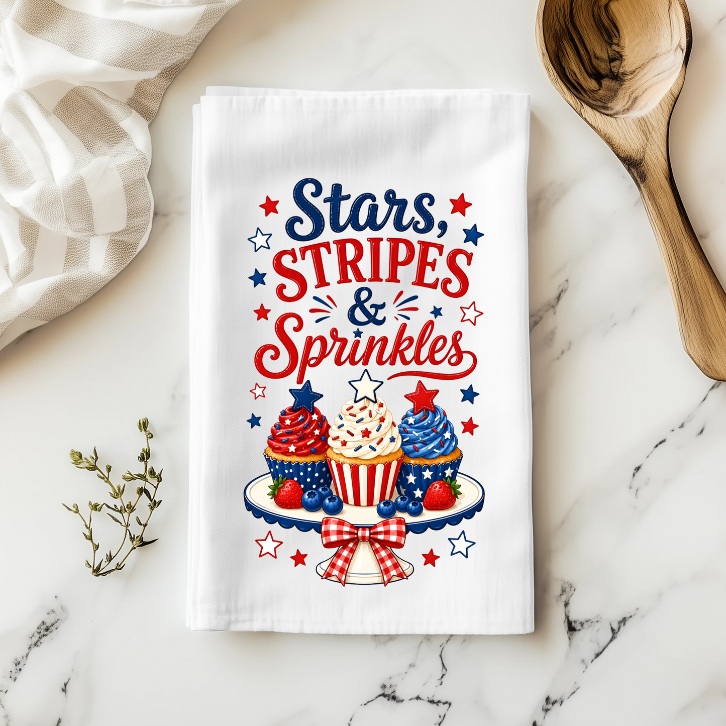 Stars, Stripes and Sprinkles Patriotic Kitchen Tea Towel, White, 100% Polyester, 18x28 Inch