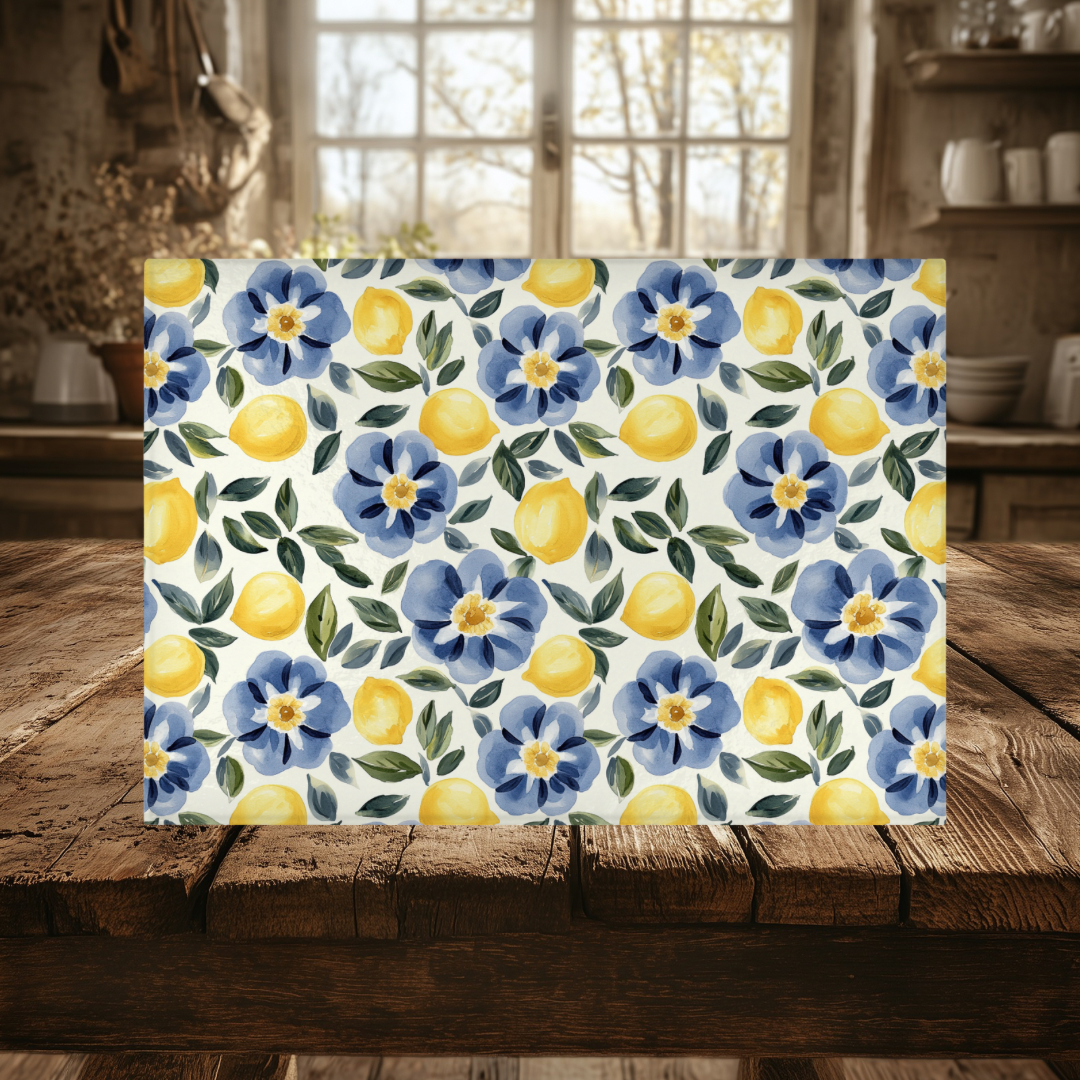 Glass Cutting Board Lemon Floral 15 x 11 in, Charcuterie Board