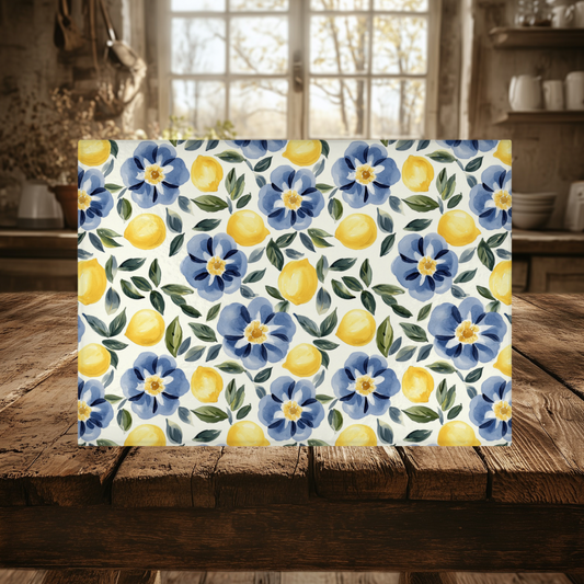 Glass Cutting Board Lemon Floral 15 x 11 in, Charcuterie Board