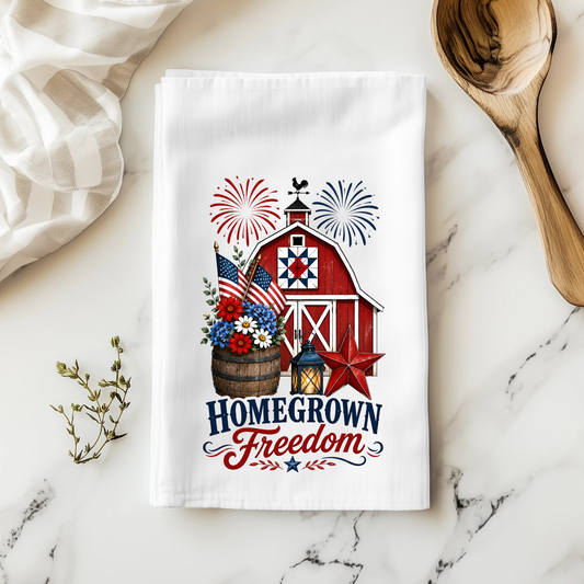 Homegrown Freedom Patriotic Kitchen Tea Towel, White, 100% Polyester, 18x28 Inch, Farmhouse 4th of July Dish Towel