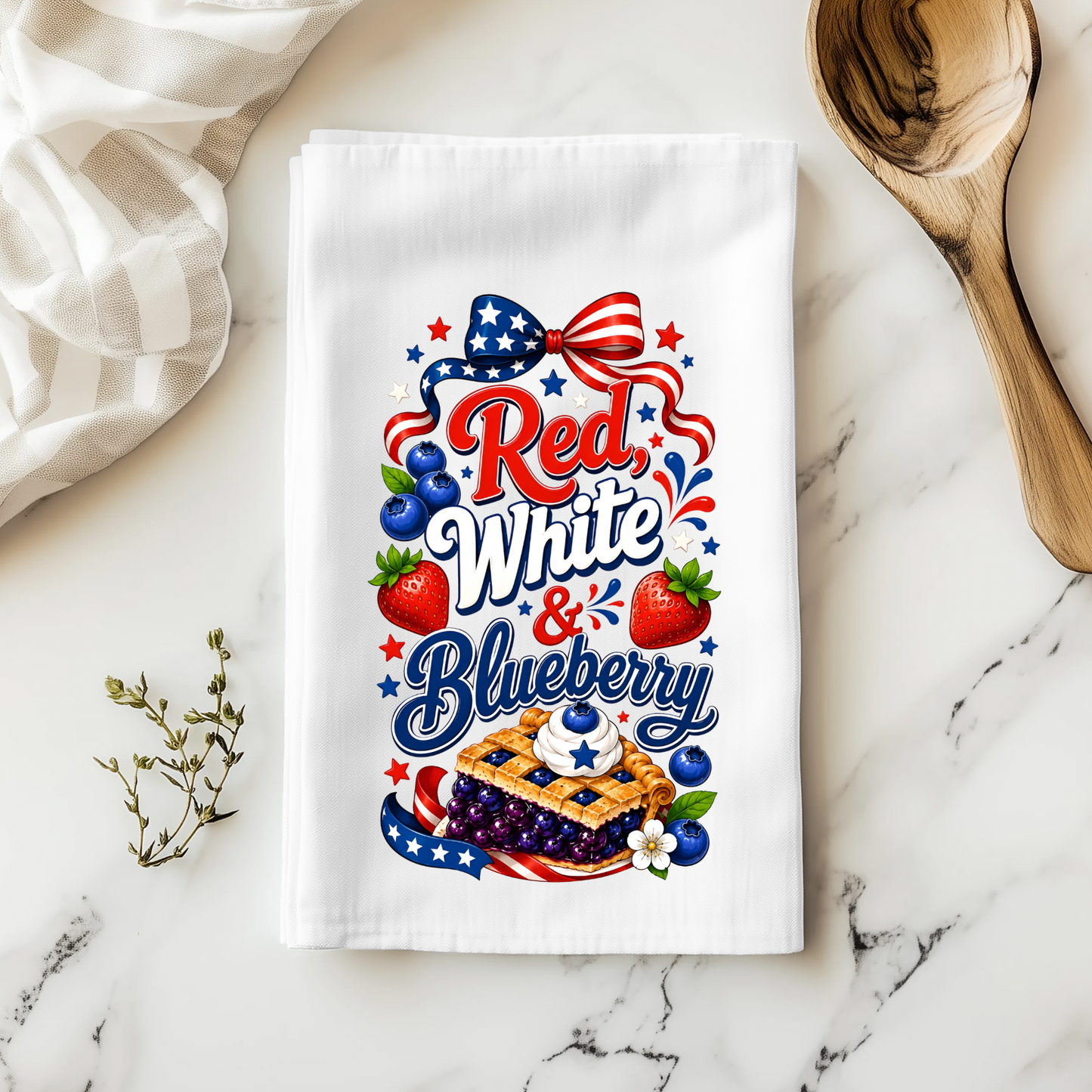 Red, White & Blueberry Patriotic Kitchen Tea Towel, 100% Polyester, 18x28 Inch, Dish Towel