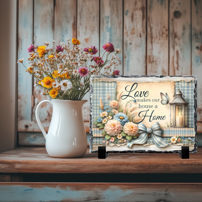 Love Makes Our House a Home Decorative Slate Rock Sign with Display Stand, Natural Slate, 5.5" x 7.5", Floral Lantern Design, Home Decor Gift
