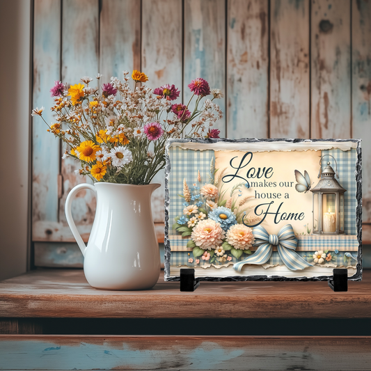 Love Makes Our House a Home Decorative Slate Rock Sign with Display Stand, Natural Slate, 5.5" x 7.5", Floral Lantern Design, Home Decor Gift