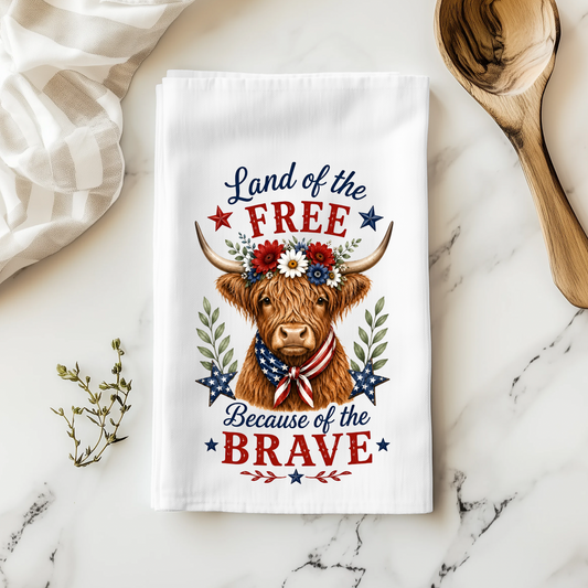 Patriotic Highland Cow Tea Towel, 'Land of the Free Because of the Brave', 18x28 Inch, 100% Polyester, Kitchen Decor