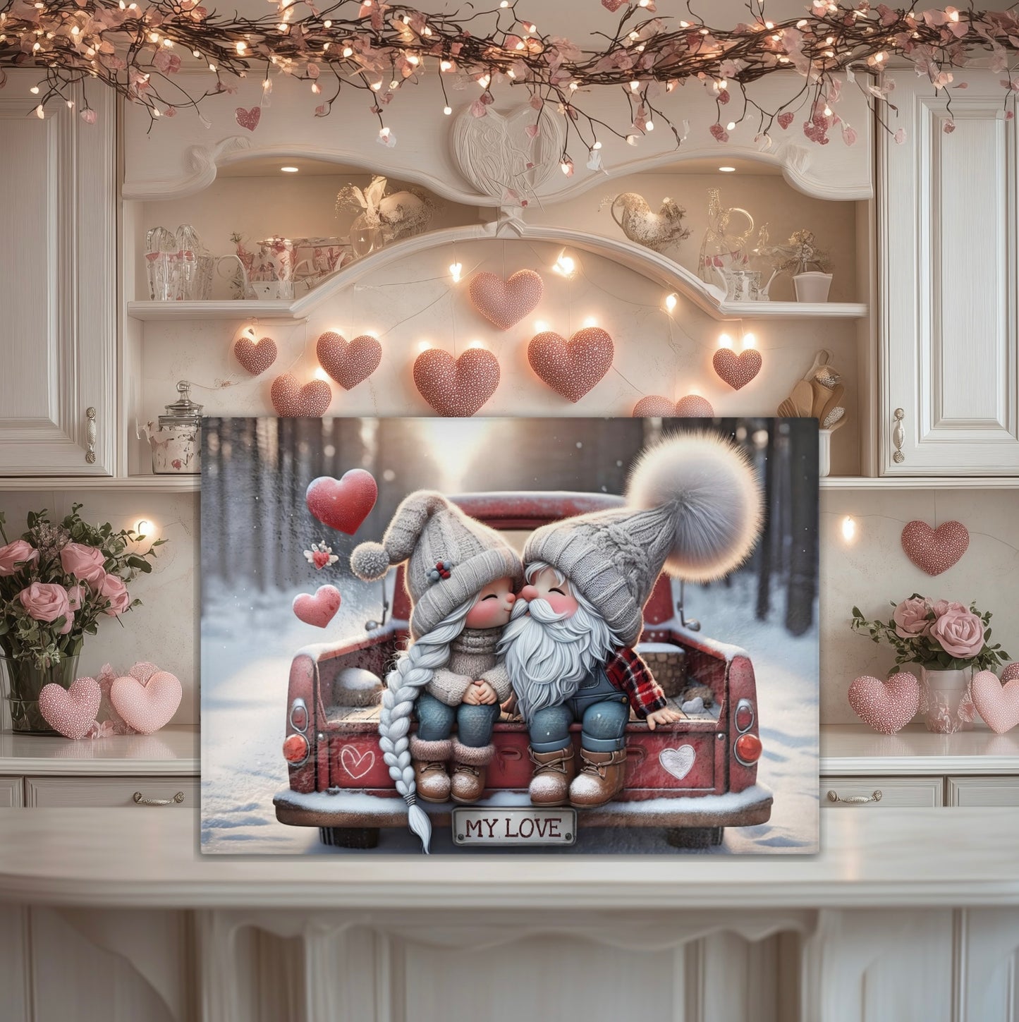 Durable Tempered Glass Cutting Board - Gnome Couple Design, Perfect for Valentine’s Day Gift