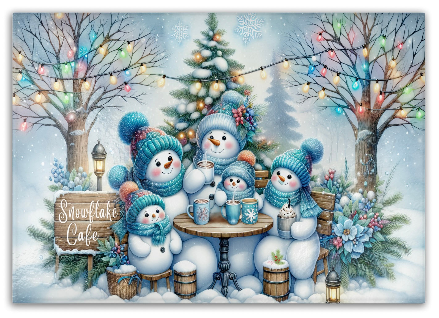 Snowflake Cafe Snowmen Family Tempered Glass Cutting Board - Holiday Kitchen Magic