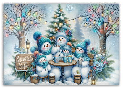 Snowflake Cafe Snowmen Family Tempered Glass Cutting Board - Holiday Kitchen Magic