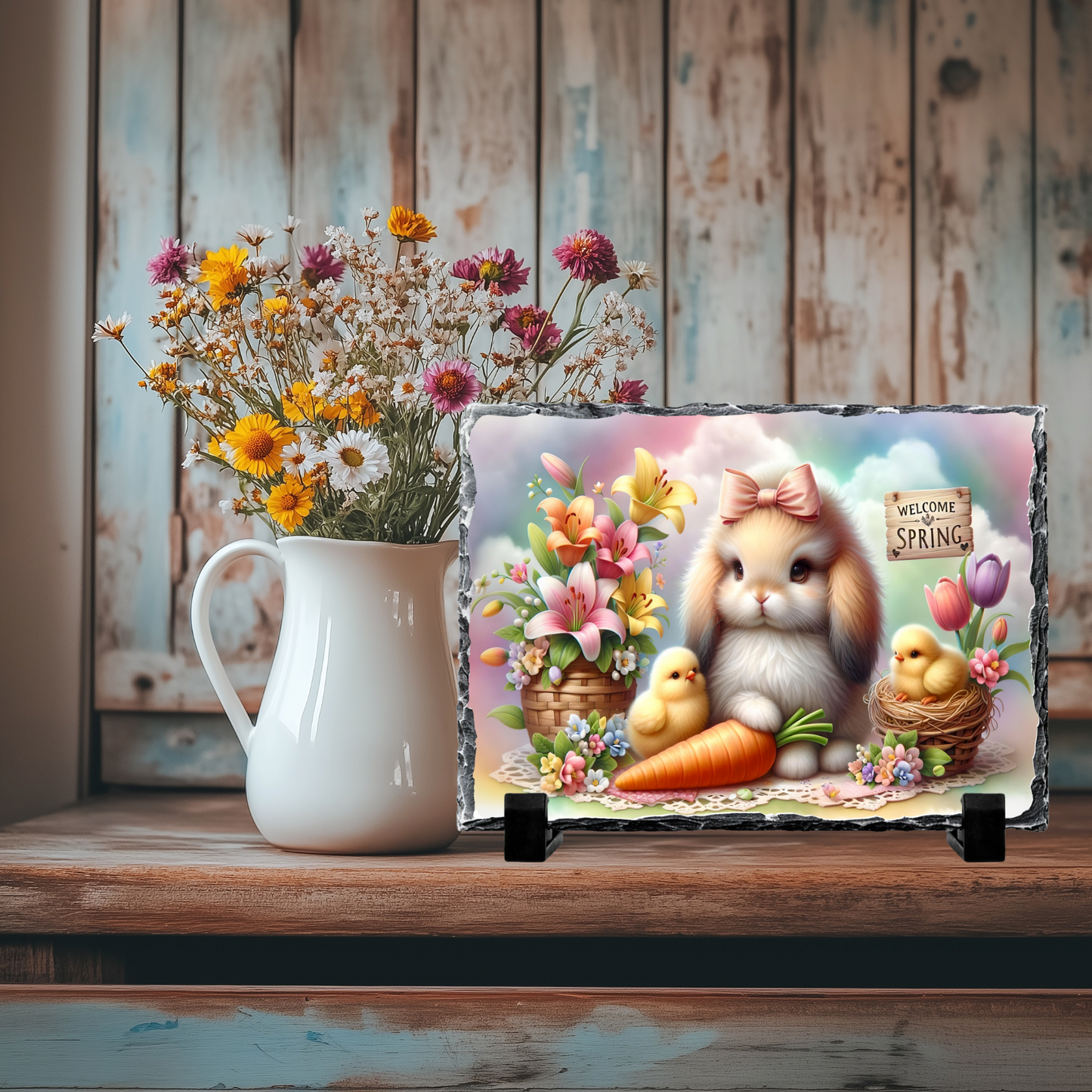 Spring Bunny with Flowers and Chicks Decorative Slate Rock Sign, 5.5" x 7.5", Natural Slate with Display Stands, Home Decor Gift