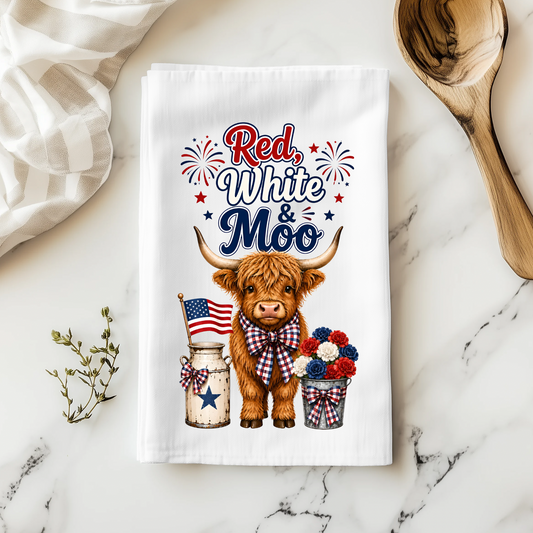 Red, White & Moo Highland Cow Patriotic Kitchen Dish Towel, 4th of July Theme, 18x28 Inch, 100% Polyester