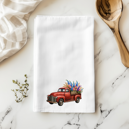 Rustic Red Floral Truck Tea Towel, 100% Polyester, Farmhouse Kitchen