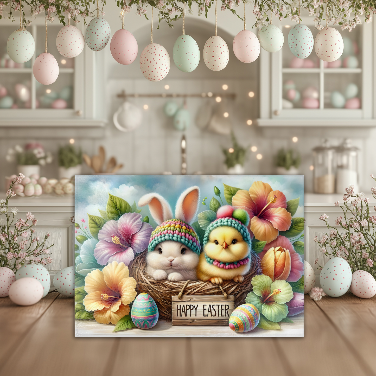 Happy Easter Tempered Glass Cutting Board With Adorable Bunny And Chick Design