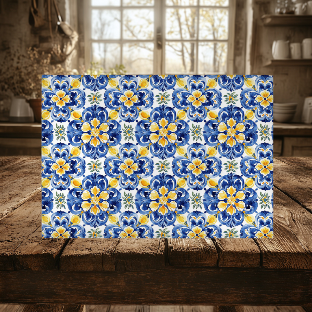 Mediterranean Tile Tempered Glass Cutting Board 15x11 in