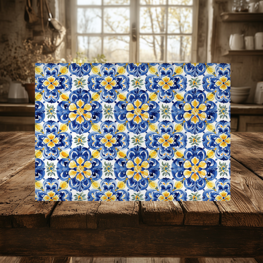 Mediterranean Tile Tempered Glass Cutting Board 15x11 in