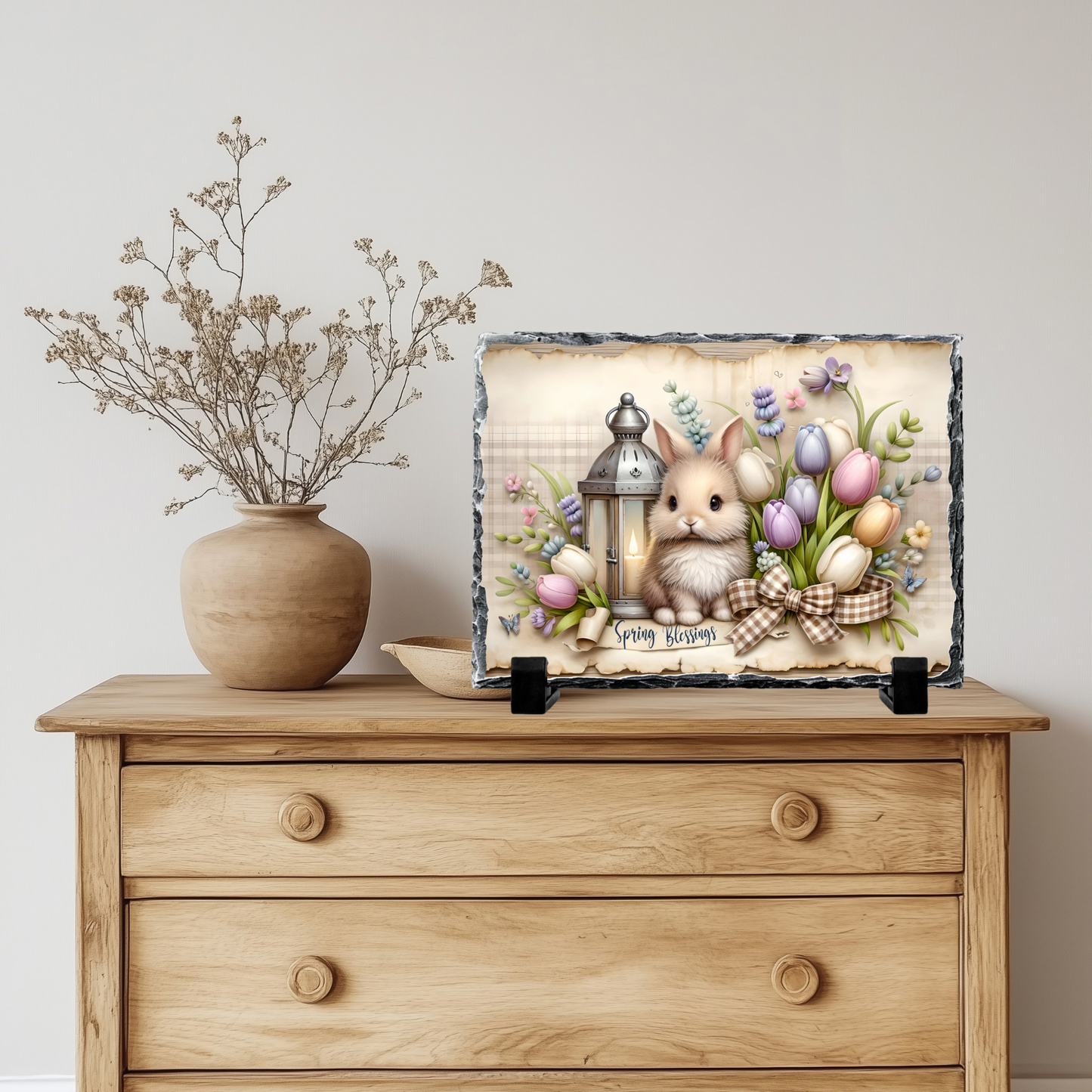 Spring Blessings Bunny with Tulips and Lantern Decorative Slate Rock Sign, 5.5" x 7.5", Natural Slate with Display Stands, Home Decor Gift