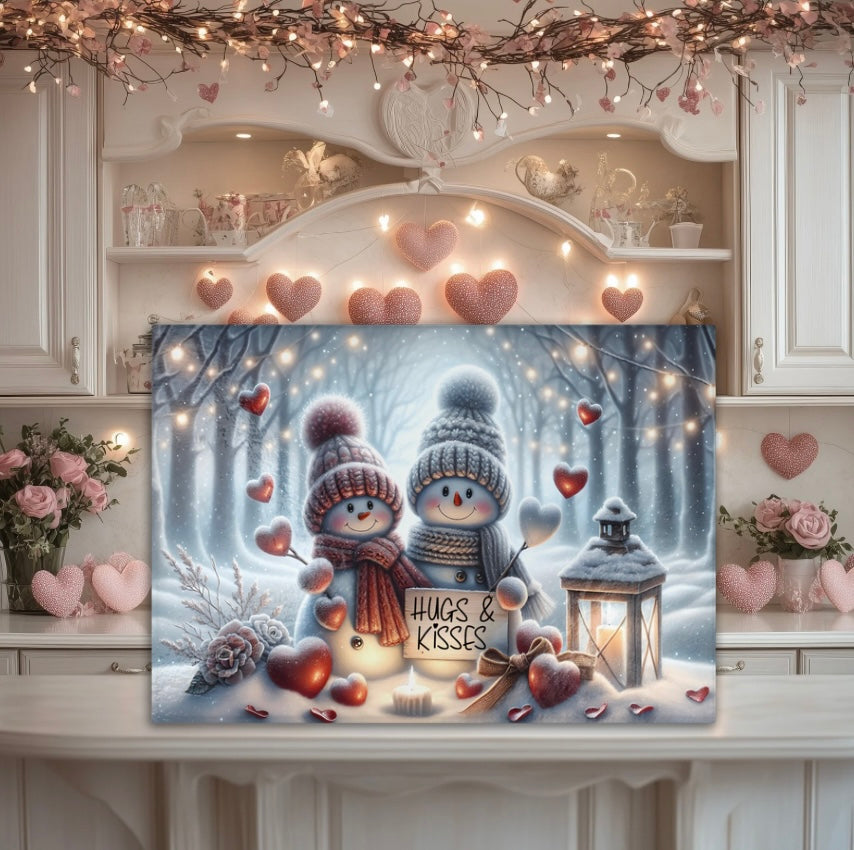 Snowman Couple Glass Cutting Board - Valentine’s Day Kitchen Decor & Charcuterie Board