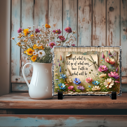 Inspirational Quote Slate Rock Sign with Dragonfly and Flowers, 5.5" x 7.5", Natural Slate with Display Stand, Home Decor