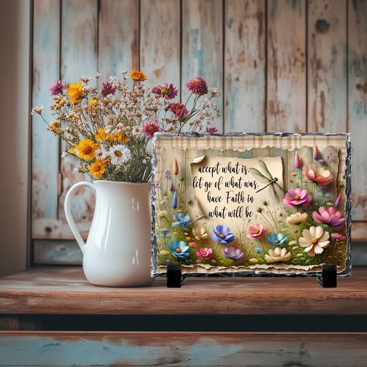 Inspirational Quote Slate Rock Sign with Dragonfly and Flowers, 5.5" x 7.5", Natural Slate with Display Stand, Home Decor