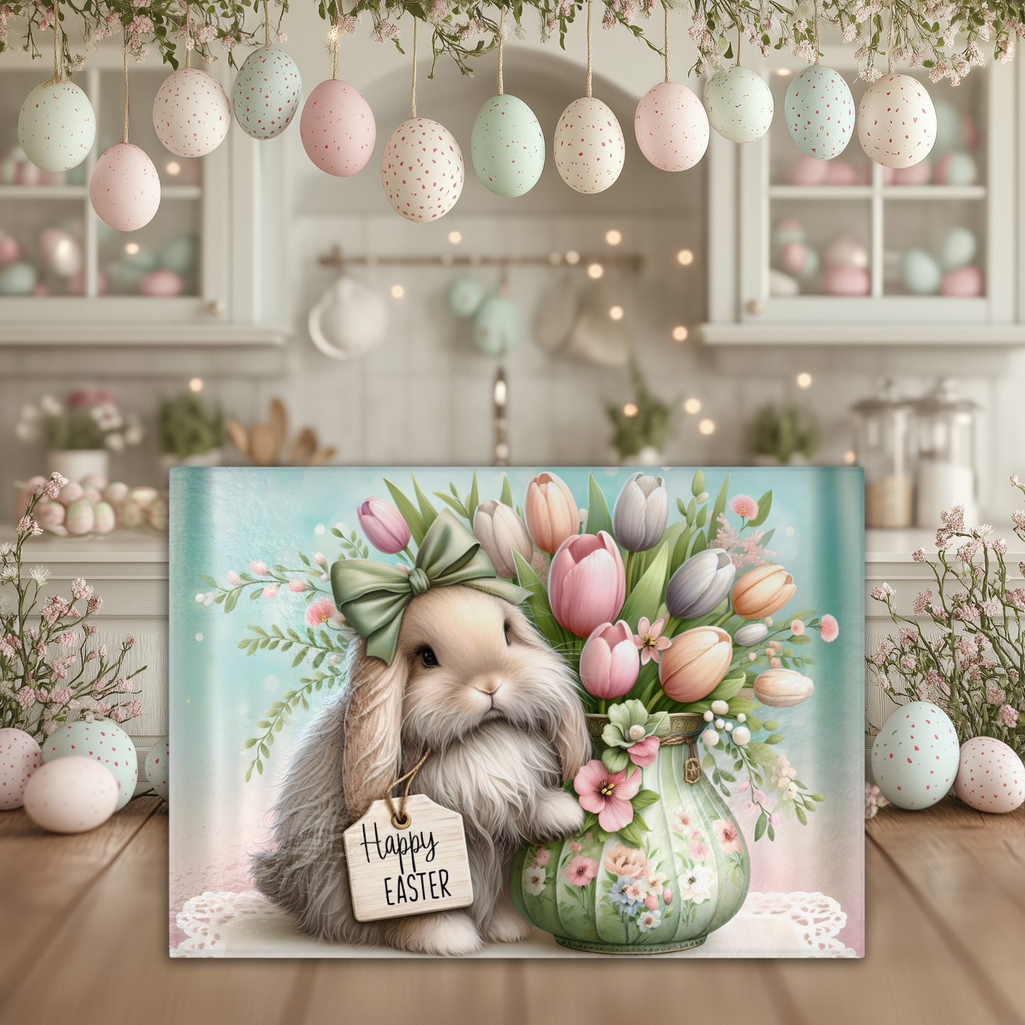 Happy Easter Bunny Tempered Glass Cutting Board, 2 Sizes, Kitchen Decor, Charcuterie Board
