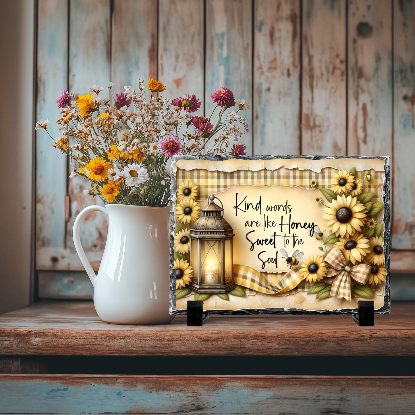 Decorative Slate Rock Sign with Sunflowers and Inspirational Quote, Kind Words Are Like Honey Sweet to the Soul, 5.5" x 7.5", Natural Slate with Display Stands