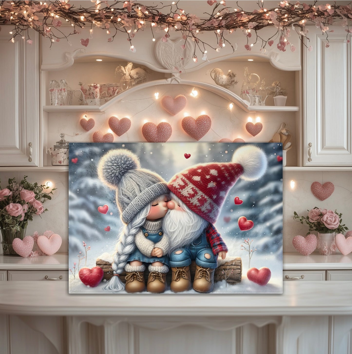 Valentine’s Day Tempered Glass Cutting Board - Gnome Couple with Hearts in Snowy Background