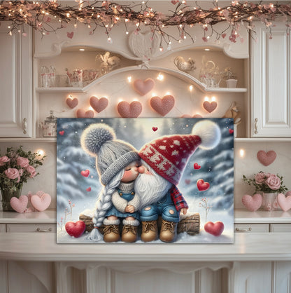 Valentine’s Day Tempered Glass Cutting Board - Gnome Couple with Hearts in Snowy Background