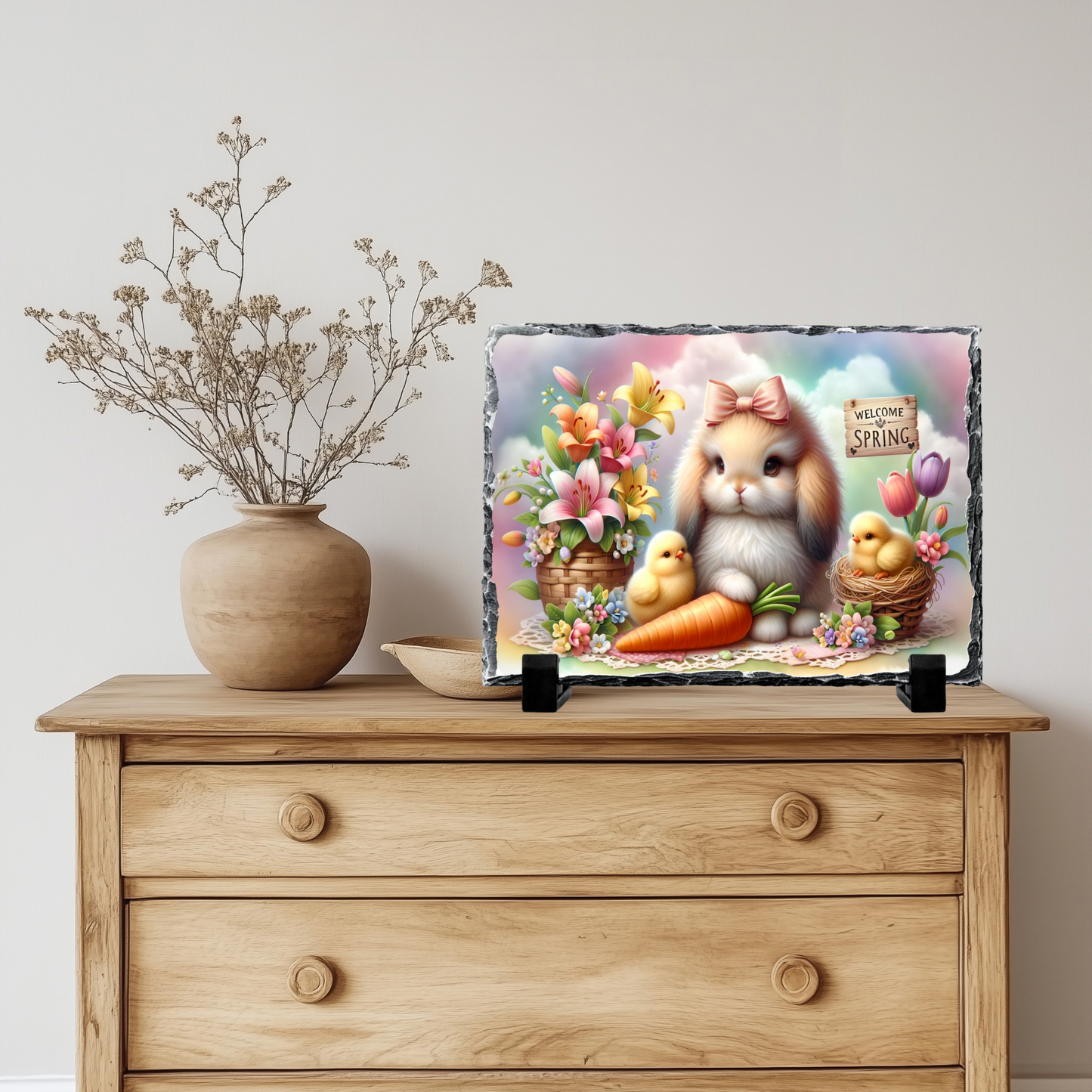 Spring Bunny with Flowers and Chicks Decorative Slate Rock Sign, 5.5" x 7.5", Natural Slate with Display Stands, Home Decor Gift