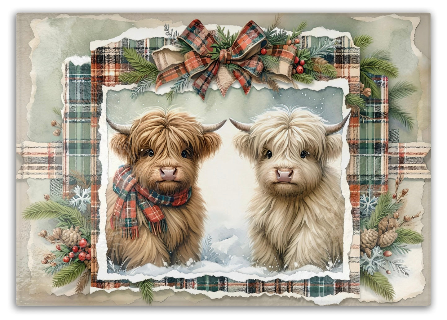 Christmas Highland Cows Tempered Glass Cutting Board, 2 Sizes Small (11” x 8”) and Large (15” x 11”), Hand Wash Only, Charcuterie Board