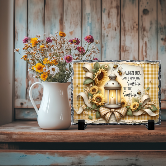 Decorative Slate Rock Sign with Sunflower and Bee Theme, When You Can't Find the Sunshine Bee the Sunshine Quote, 5.5" x 7.5", Natural Slate with Display Stands