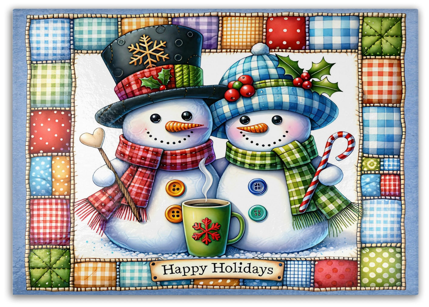 Snowman Couple Quilted Tempered Glass Cutting Board - Festive Kitchen Décor & Serving Tray