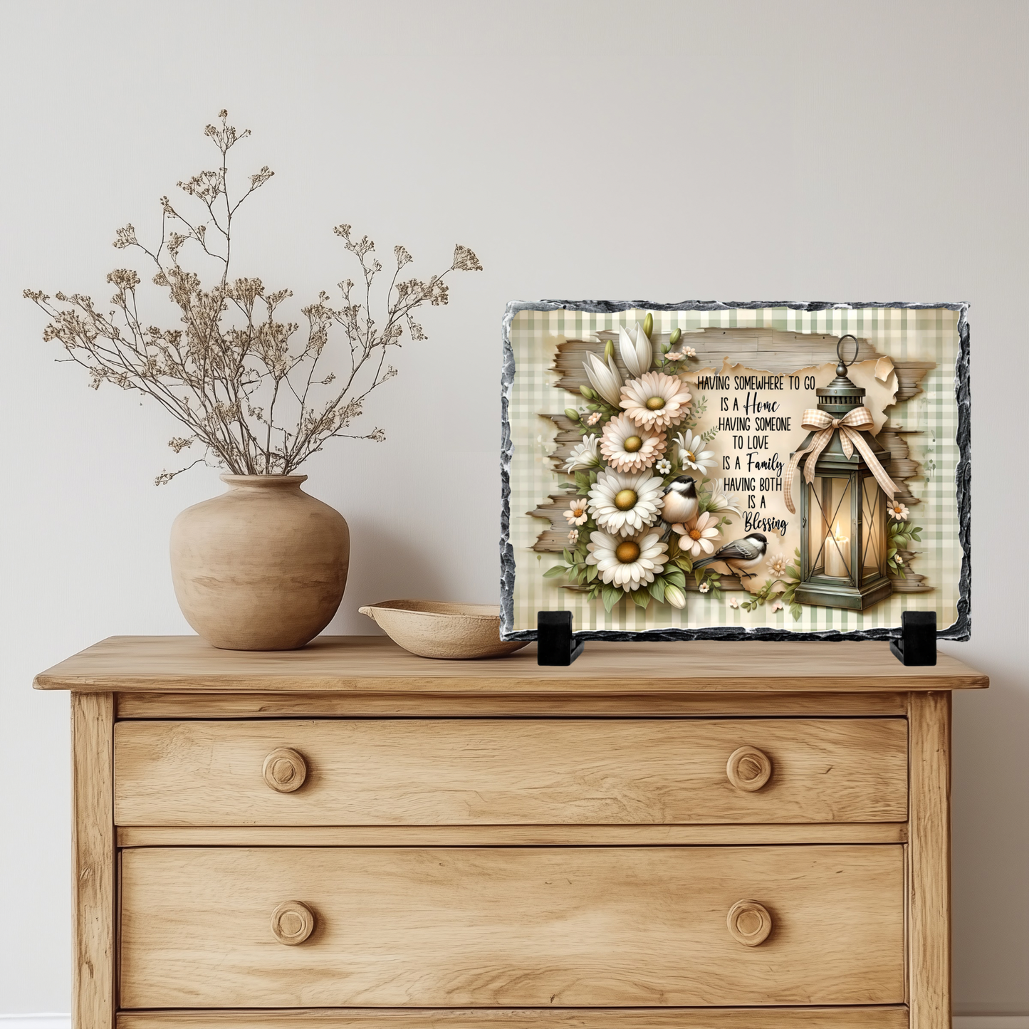 Decorative Slate Rock Sign with Display Stands, Home Blessing Quote with Lantern and Flowers Design, 5.5" x 7.5", Natural Slate