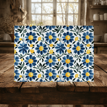 Blue Floral and Lemon Tempered Glass Cutting Board 15 x 11 in