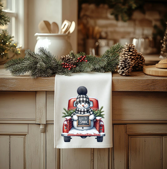 Charming Snowman & Red Truck Tea Towel - Festive 100% Polyester Kitchen Accessory