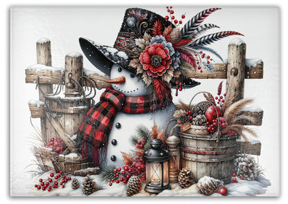 Rustic Snowman Tempered Glass Cutting Board - Durable, Hygienic, Versatile, 2 Sizes