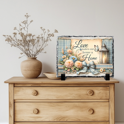 Love Makes Our House a Home Decorative Slate Rock Sign with Display Stand, Natural Slate, 5.5" x 7.5", Floral Lantern Design, Home Decor Gift