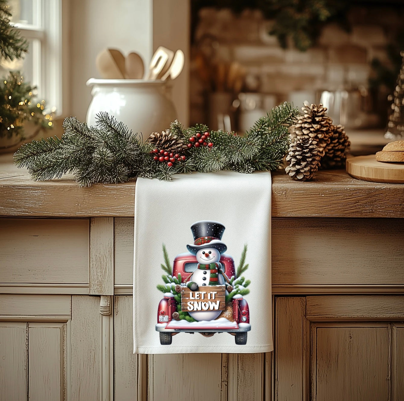 Charming Snowman & Red Truck Tea Towel - Festive 100% Polyester Kitchen Accessory