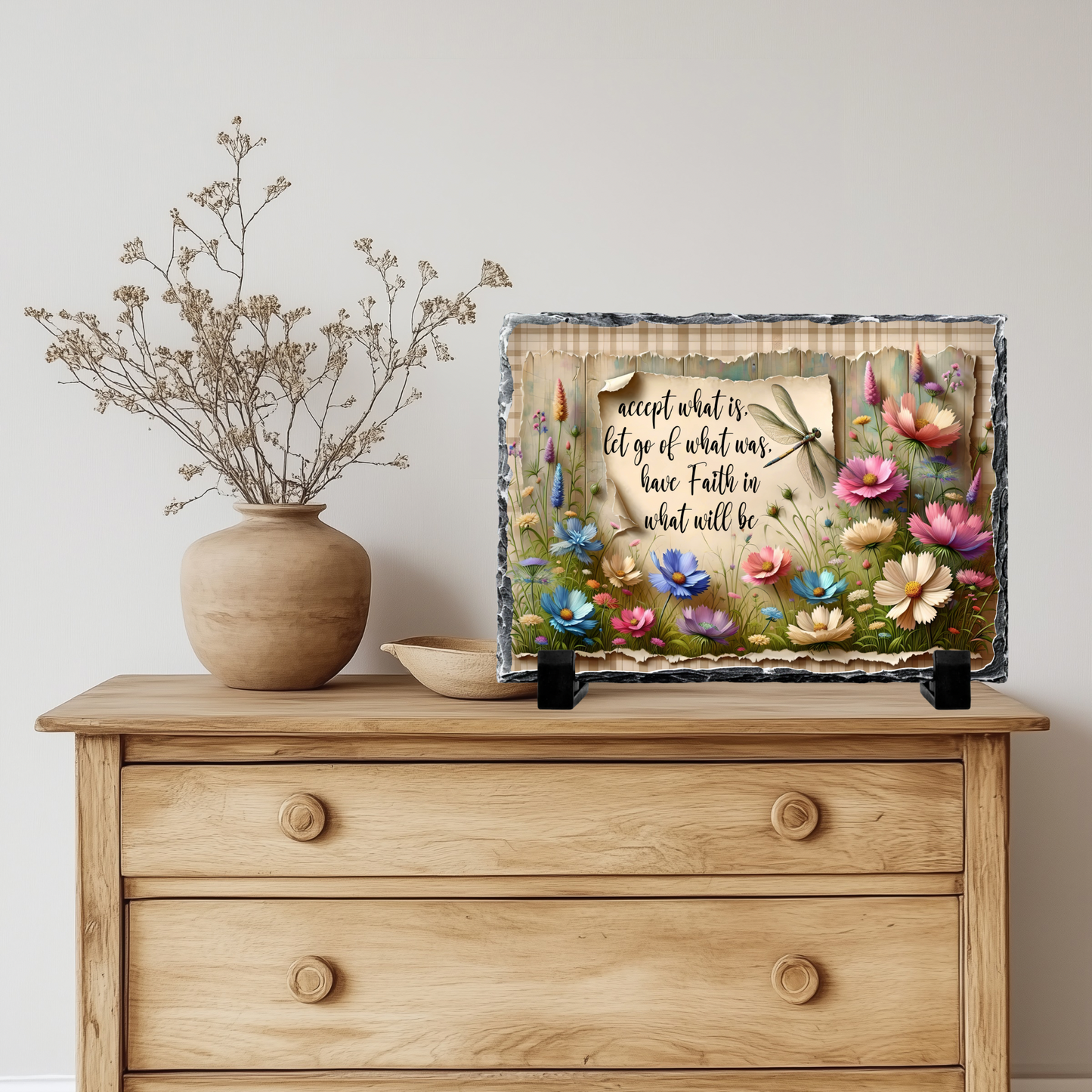 Inspirational Quote Slate Rock Sign with Dragonfly and Flowers, 5.5" x 7.5", Natural Slate with Display Stand, Home Decor