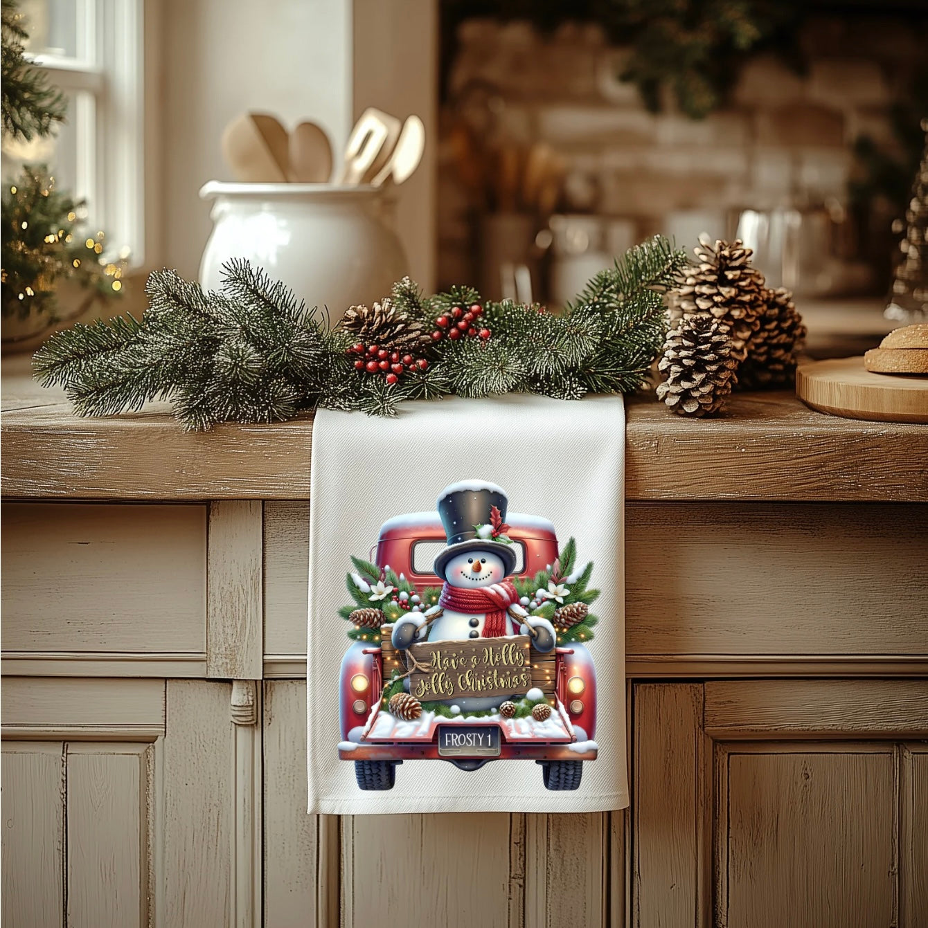 Charming Snowman & Red Truck Tea Towel - Festive 100% Polyester Kitchen Accessory