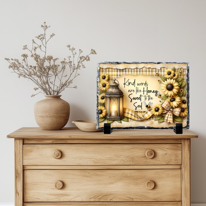 Decorative Slate Rock Sign with Sunflowers and Inspirational Quote, Kind Words Are Like Honey Sweet to the Soul, 5.5" x 7.5", Natural Slate with Display Stands